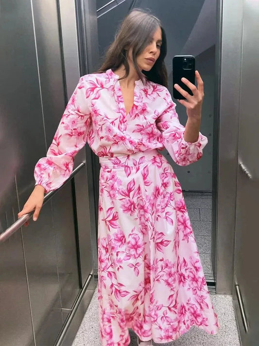 2 Piece Set Printed Long Sleeves Singlebreasted Top Blouse Female High Waist Aline Skirt