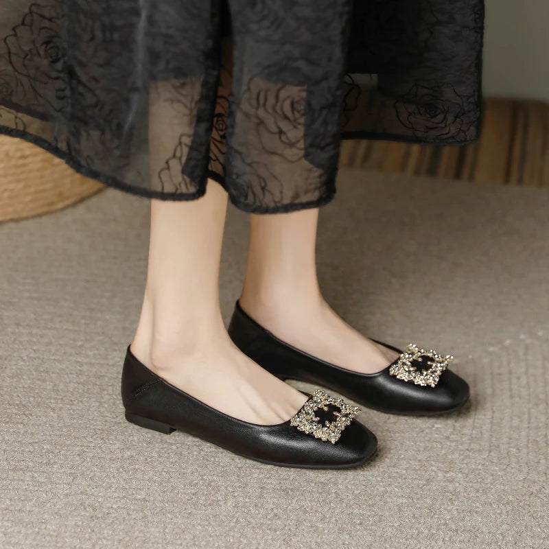 Rhinestone Lace Square Buckle Square Closed Toe Slip on Flat Shoes , Work Driving Walking Wedding