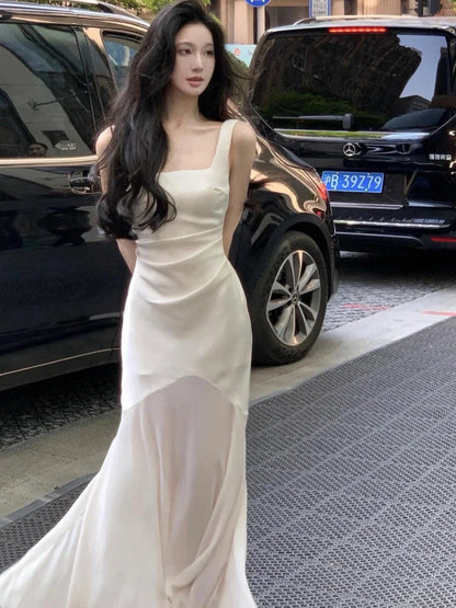 Party Prom Midi Dress Summer Irregular Mesh Straps Princess Vestidos Slim Ruched Mermaid Dress