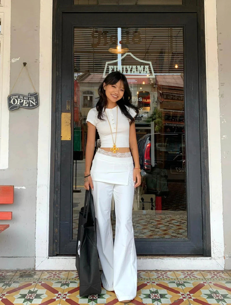 Lace Patch Strap Bootcut Pants White