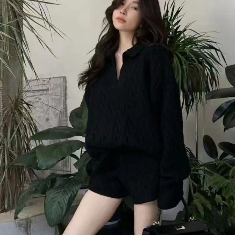 Korean Twopiece Set Vneck Loose Pullover Sweater Top Shorts Outfits Autumn New Suit Female Clothing