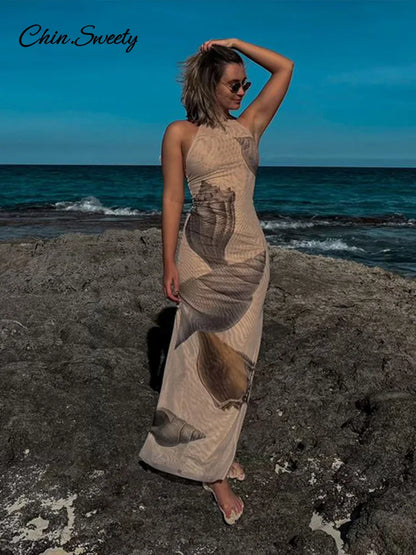 Print Backless Tulle Long Dresses for Halter Lace Up Sleeveless Holiday Dresses Slim Beach Vacation Robes