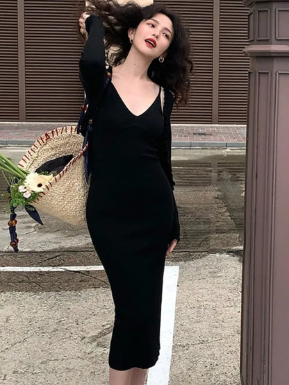 Knitted 2-piece Dress Set Crop Cardigan V-neck Spaghetti Strap Bodycon Midi Dress Autumn New Female Clothing