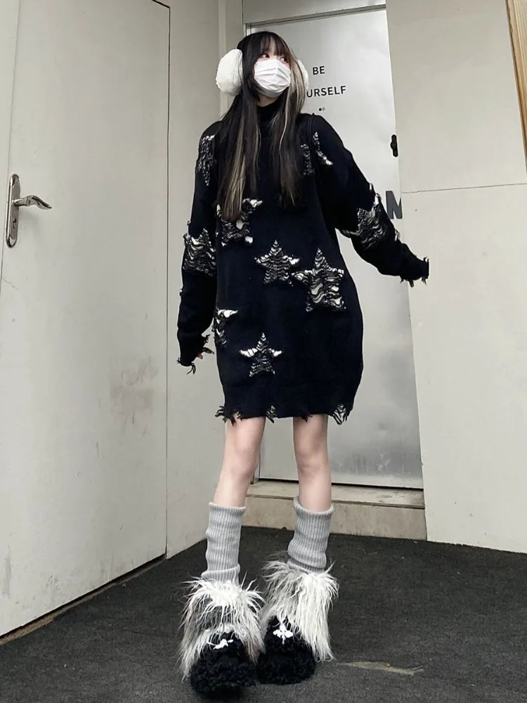 Star Hollow Out Sweater Autumn Winter Oversized Harajuku Pullover Punk Grunge Goth Hip Hop Tops Clothes