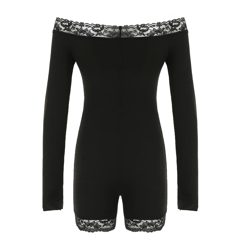 Slim Black Lace Trim Playsuit Comfortable Long Sleeve Classical Rompers S New
