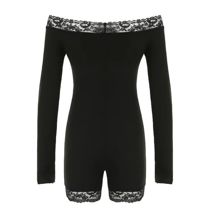 Slim Black Lace Trim Playsuit Comfortable Long Sleeve Classical Rompers S New