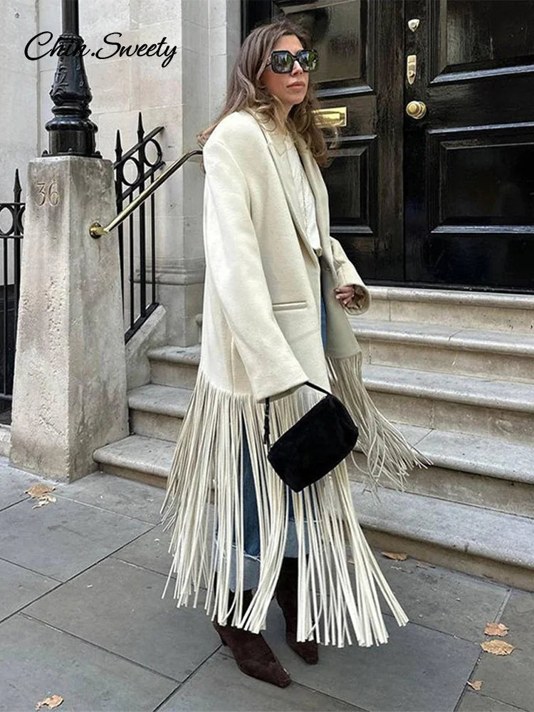 Woolen Tassel Long Coat Brown Single Breasted Long Sleeve Lapel Loose Jacket Spring High Street Outerwear