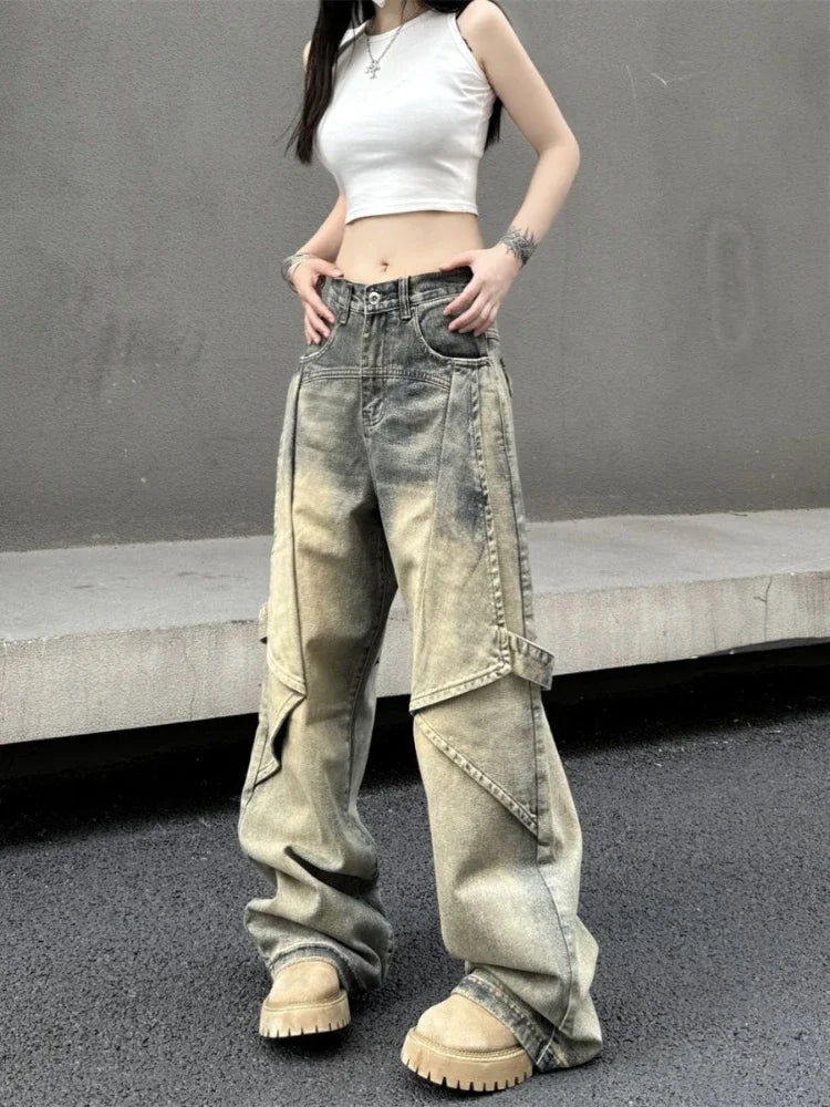 American Retro High Waist Baggy Jeans Y2k Hip Hop Straight Wide Leg Denim Pants Harajuku Causal Mujer Bottoms