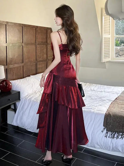 Summer French Red V Neck Sleeveless Ruffle Edge Slip Long Dress Backless Vacation Pleated Evening Party Dress