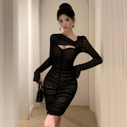 Cocktail Mini Dresses Hollow Out Slim Patchwork Mesh Long Sleeve Club Evening Dress Birthday Party