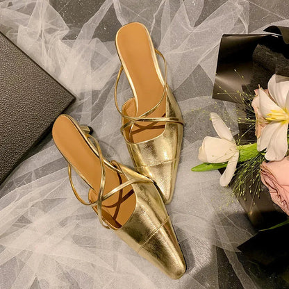 Spring Summer Sandals Party Genuine Leather Thin Heels Mules Slippers Narrow Band Shoes Woman