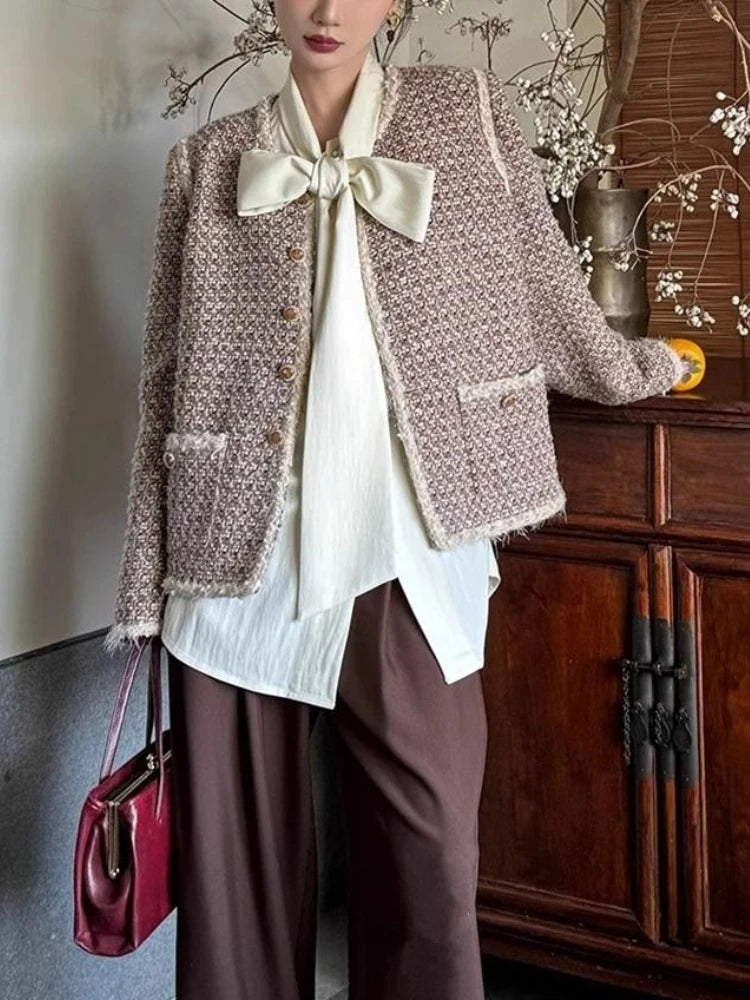 Beige Blouse Bow Tie Long Sleeve Shirt Female Oversized Office Spring Clothes