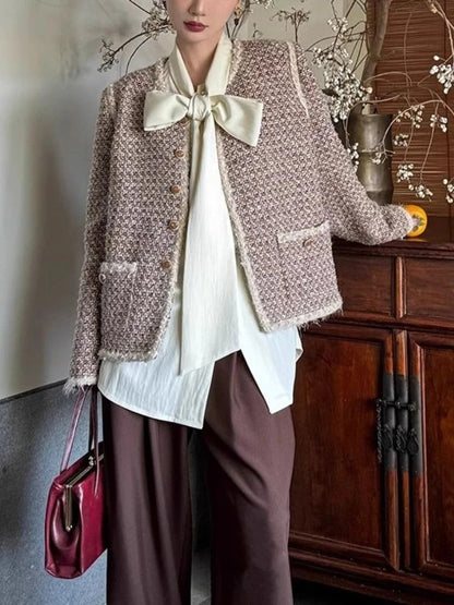 Beige Blouse Bow Tie Long Sleeve Shirt Female Oversized Office Spring Clothes