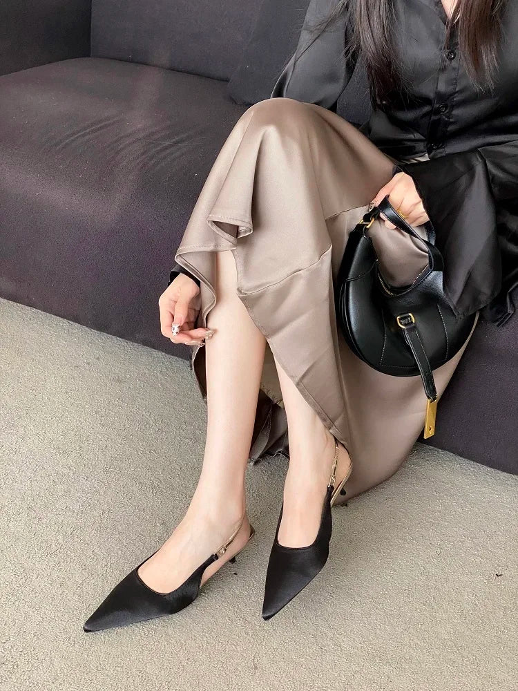 Satin Pointed Toe Mules Pumps Sandals Spring Shallow Thin Low Heels Female Shoes