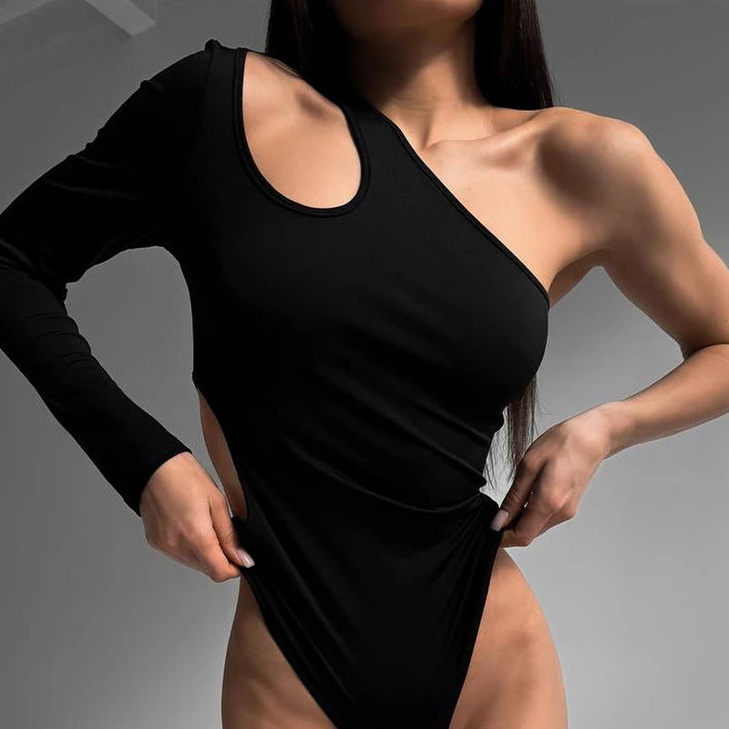 One Shoulder Cut Out Bodysuit Backless Fall Rompers Party Rave Outfits Lady Bodysuit Tops