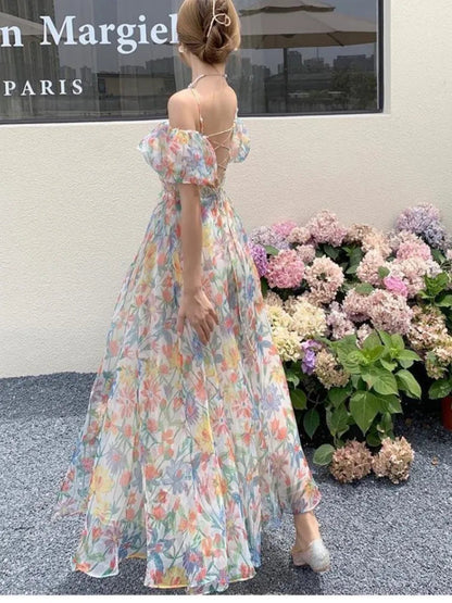 French Puff Sleeves Long Dress Summer Korean Cool and Breathable Bare Shoulder Vestidos Robe