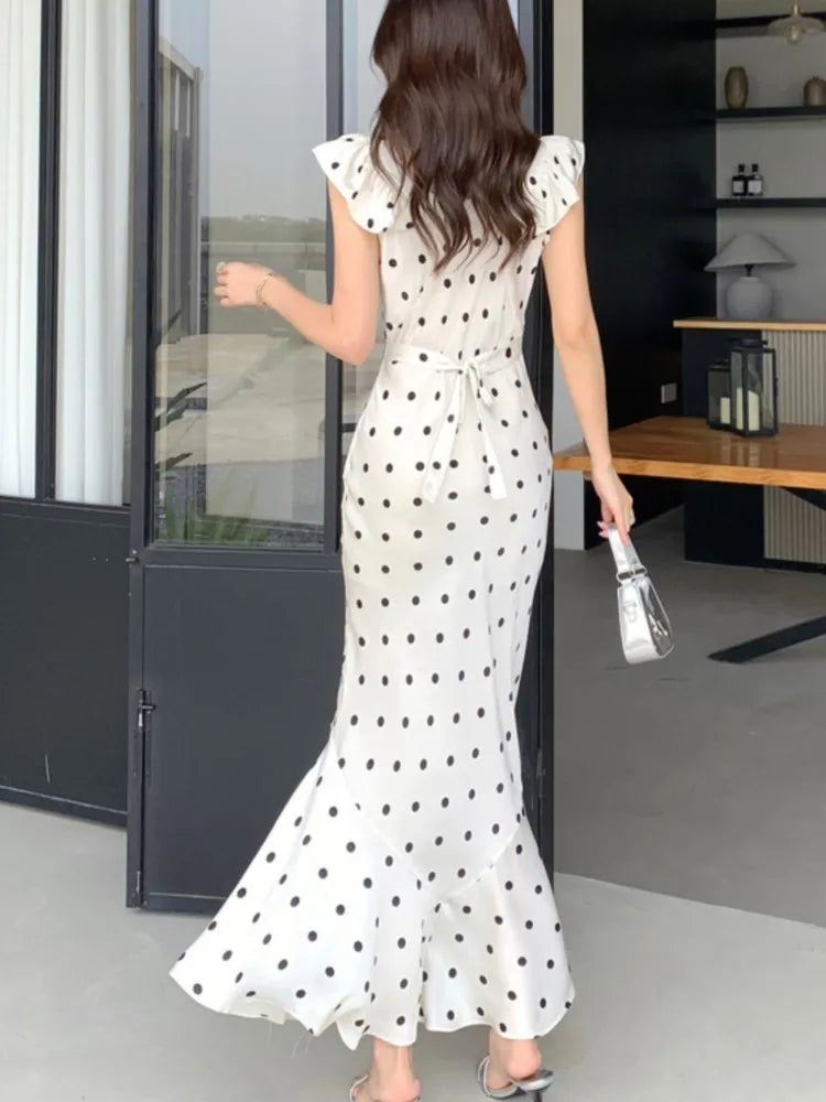 Bodycon Dot Midi Dresses for Ruffles V-neck Sleeveless Slim Mermaid Evening Party Dress Prom Robe Vestidos Mujer