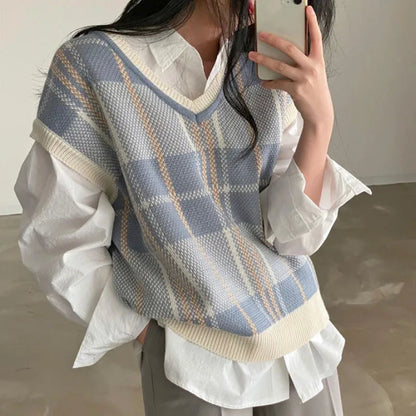 Autumn Winter Female Korean Loose Sweater Vest Office-lady V-neck Jumpers Pullover Knitted Tops Pull Femme Fc8533