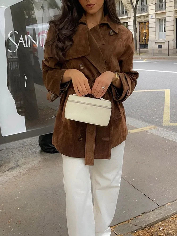 Autumn Lace Up Lapel Collar Suede Jacket Retro Double Breasted Long Sleeve Coat Lady Windbreaker