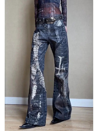 Retro Snake Printed Flared Jeans Cross Print High Waist Mujer Do Old Boot Cut Denim Pants Hip Hop Y2k Bottoms