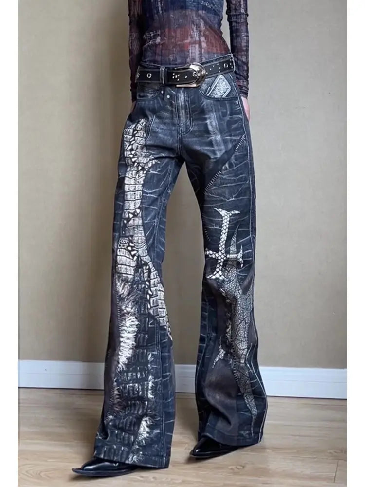 Retro Snake Printed Flared Jeans Cross Print High Waist Mujer Do Old Boot Cut Denim Pants Hip Hop Y2k Bottoms
