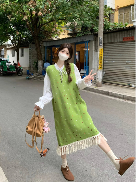Sweet Forest Colored Sleeveless Polka Dot Vest Dress Autumn Loose Tassel Mint Manwave Long Dresses