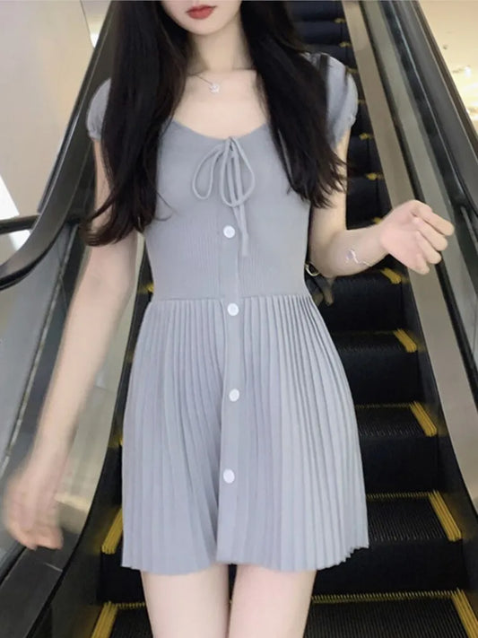 Knitted Dresses for V-neck A-line Pleated Mini Dress Korean Autumn Knitting One Piece Vestido Mujer New