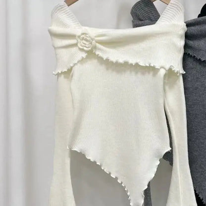 Sweet Hot Girl Threedimensional Flower Knitted Sweater for Autumn Off Shoulder Slim Fit Base Sweater Female Clothes