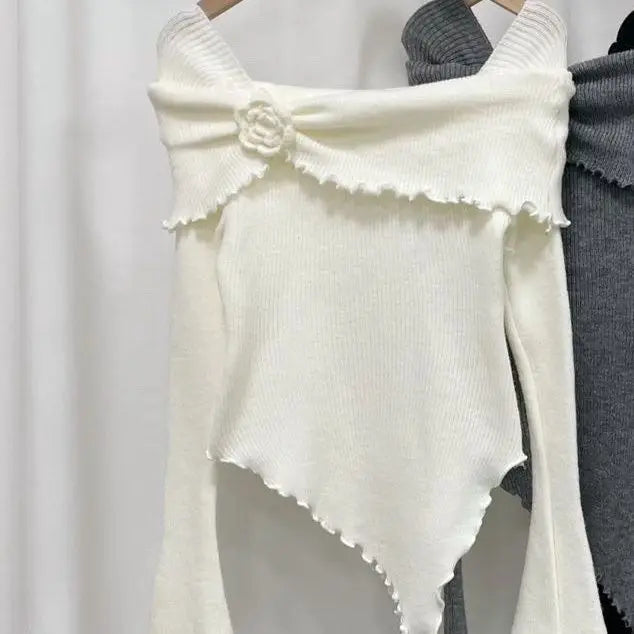 Sweet Hot Girl Threedimensional Flower Knitted Sweater for Autumn Off Shoulder Slim Fit Base Sweater Female Clothes