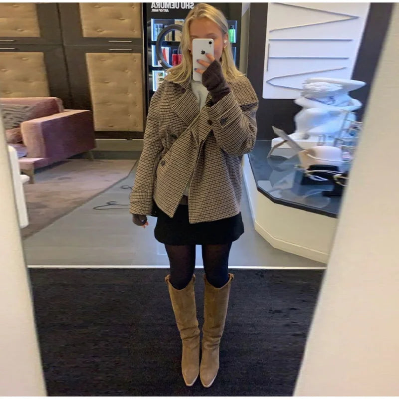 Plaid Double Breasted Street Coat Drop-shoulder Long Sleeve Stand Collar Loose Pocket Jacket Autumn Outwear