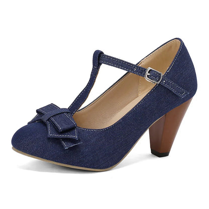 48 Brand New Round Toe Chunky Heel Pumps Bow Buckle Summer Party Shoes