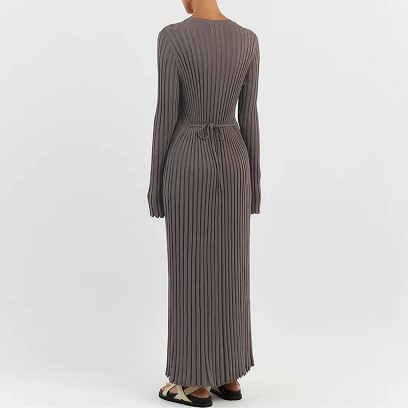 Ribbed Knit Full Sleeve Maxi Dress Crew Neck Bodycon Pencil Long Dress Tie Waist Dress 90s