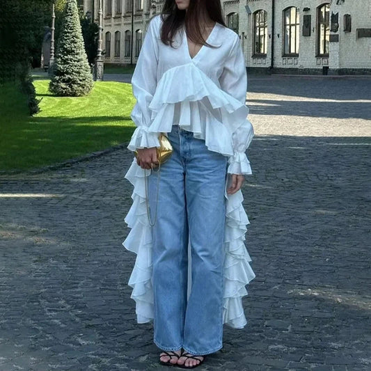 Ruffles V-neck Long Sleeve Blouse