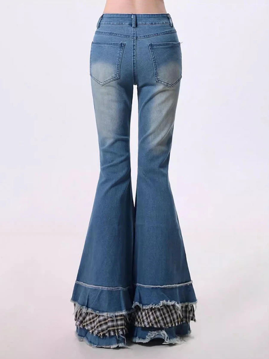 Stitch Raw Edge Ruffle Hem Flare Jeans Retro Tartan Plaid Whiskers Boot Cut Pants Grayu Y2k Korean