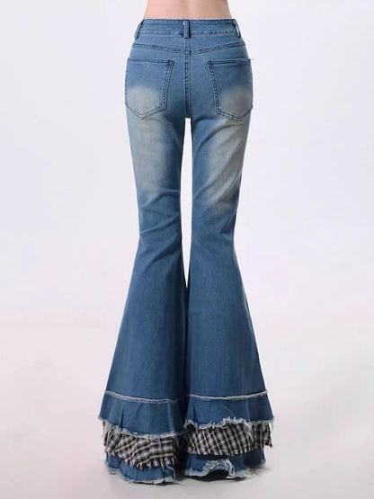 Stitch Raw Edge Ruffle Hem Flare Jeans Retro Tartan Plaid Whiskers Boot Cut Pants Grayu Y2k Korean