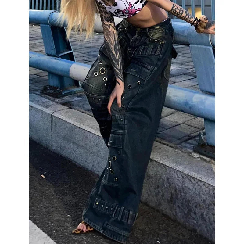 Blue High Waist Jeans Color Contrast American Wide Leg Jean Female Trouser Baggy Denim Pants