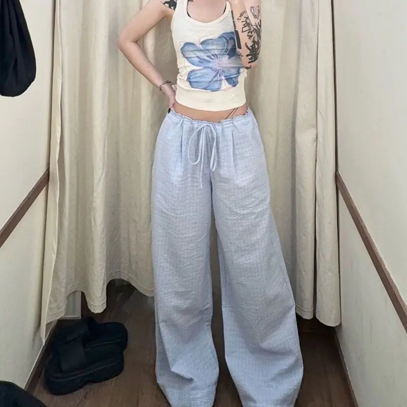Summer Hot Retro American Lazy Style Straight Tube Loose Mid Low Waist Drawstring Plaid Pants