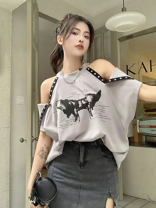 Fine Youth Blouse Summer Off Shoulder Top Short Sleeve Korean Tee Shirt Loose New