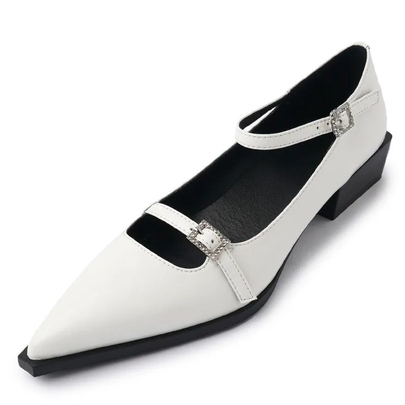 Low Heels Pointed Toe Pumps Genuine Leather Mary Janes Shoes Woman Office