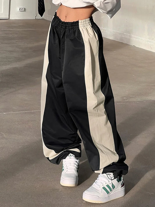 Contrast Patchwork Track Pants Elastic High Waist Loose Hippie Baggy Trousers Woven Jogging Sweatpants