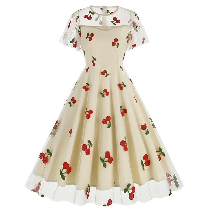 New Retro Pink Strawberry Mesh Birthday Long Dress 50s Flare Sleeve Summer Prom Evening Party Dresses