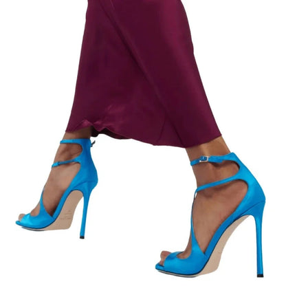 Highquality Hollow Slim High Heel Fish Mouth Sandals, Silk Buckle Strap Runway Shoes