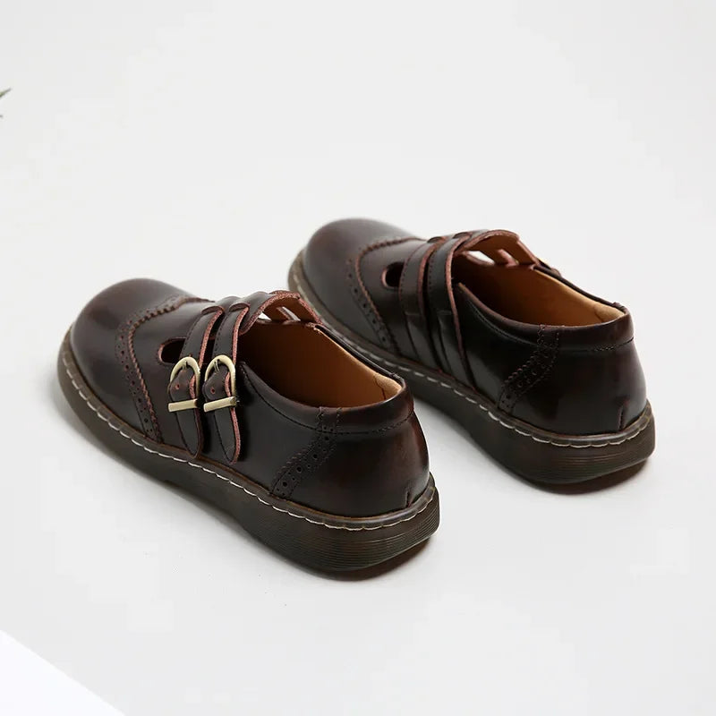 Mary Jane Shoes Summer Thin Section Japanese Double Buckle New Lowcut Flat Round Toe Small Leather Shoes