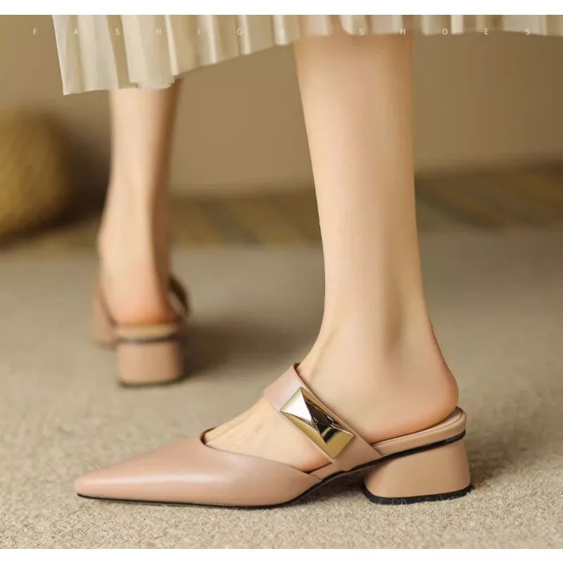 Pointed Metal Decorate Muller Shoes Designer Platform Half Slippers High Heel Woman Sandals