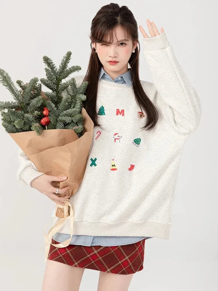 Snowman Graphic Print Hoodie Christmas Kawaii Oversized Sweatshirts Long Sleeve Cutecore Winter Clothes New
