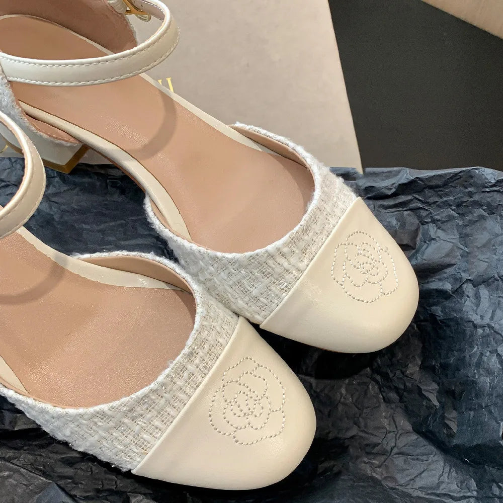 Genuine Leather Fabric Patchwork Ankle Strap Flats Sandals Round Toe Female Summer Espadrilles Shoes for