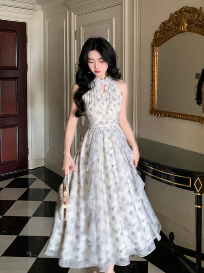 New Strapless Sleeveless White Chiffon Long Dress French Retro Fairy Tale Princess Dress Ruffled Fluffy Dress