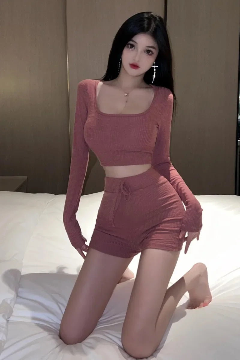 Sweet Hot Girl Pure Suit Autumn Short Hooded Knitwear High Waist Tight Shorts Twopiece Set Female Clothes