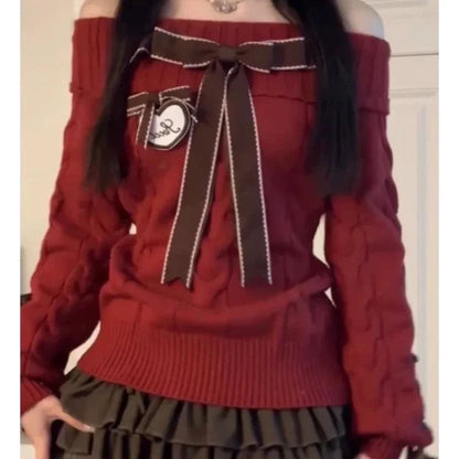 Sweet Knitted Pullover Off Shoulder Kawaii Bow Patchwork Sweaters Preppy Style Long Sleeve Sweaters