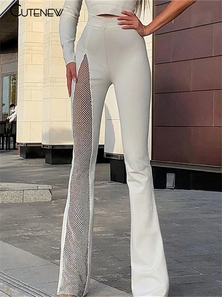 Mesh Patchwork One Shoulder Playsuits Skinny Flare Pants Jumpsuit Lady Party